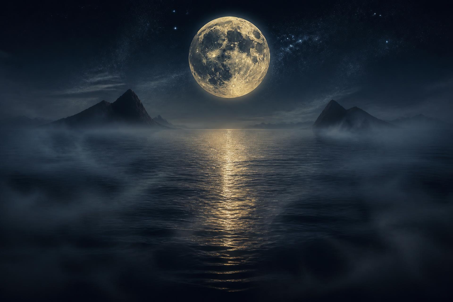 Luna sobre un mar oscuro, bruma moviéndose
